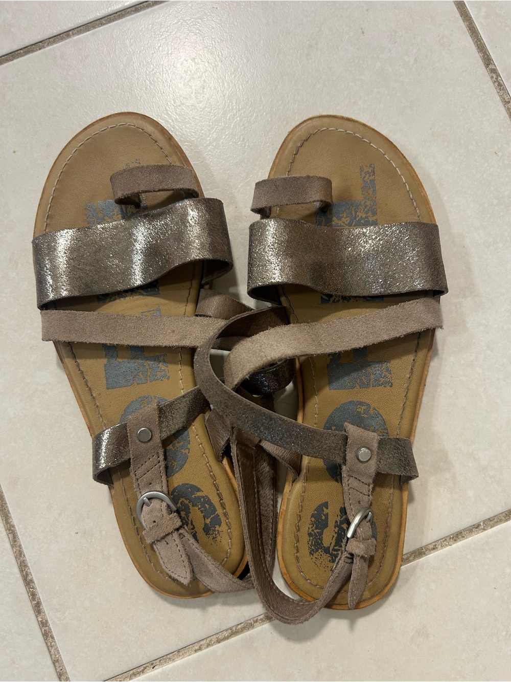 Sorel Metallic Taupe Strappy Leather Sandals